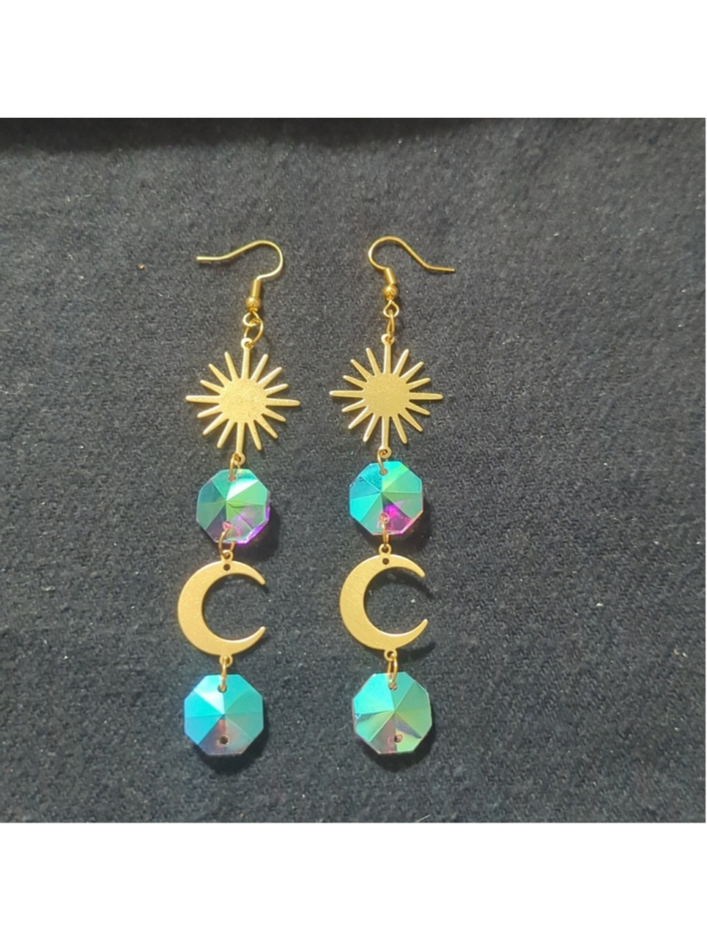 Gold Tone Sun Star Moon Clear Faceted Crystal Dangle Drop Statement Earrings